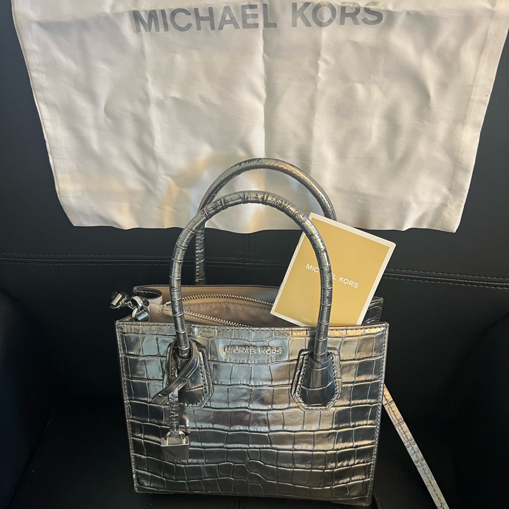 Michael Kors Silver Satchel Bag with Metallic Finish